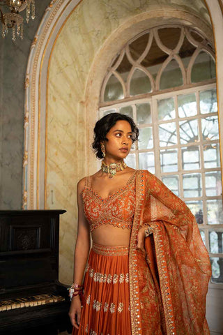 Ahana in Burnt Orange Buti-embroiderd Lehenga Set with One Stripe Blouse For Female Women Girls Wear for Wedding or Evening Indian Party or Diwali Celebration