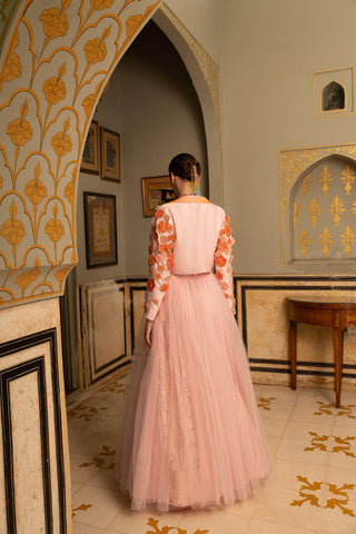 The look from the back of the pink floral backet and chantilly lace skirt.