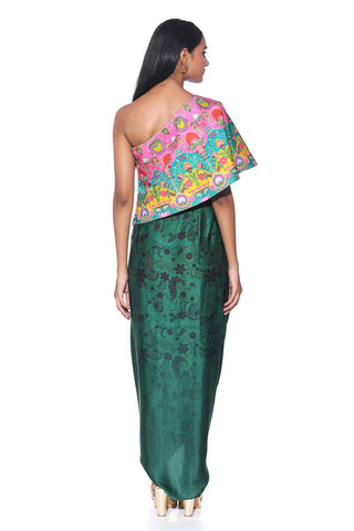 Back look of the Chic and graceful Pink and teal One-Shoulder colorful printed Top with Green Printed Drape Skirt, designed for effortless elegance. Designer women attire.