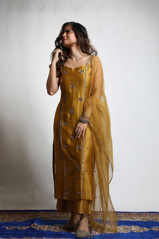 One strap kurta in burnt gold colour embroidered with intricately designed motifs. Perfect attire for traditional ceremonies and events like wedding, festive or casual meet up celebration