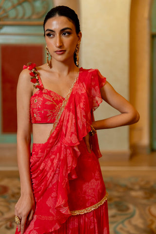 Red Pre-draped Saree easy to wear and style for any party or occasion