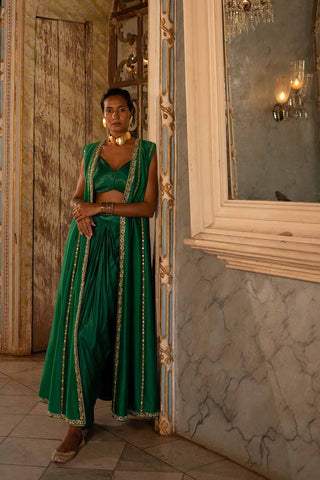 Emerald Green Choga Set with stylish blouse and Long Jacket Perfect for a party wedding events sangeet mehndi night