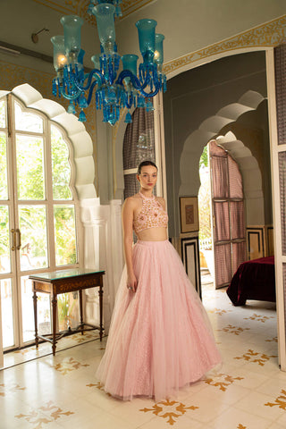 Immerse yourself in a fairytale with this captivating Baby Pink Crop Top with Delicate Embellishments and Chantilly Lace Lehenga set. This dreamy ensemble is perfect for making a graceful statement at any special occasion.