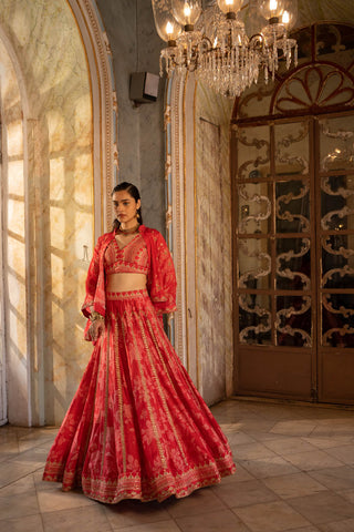 Featuring a cherry red floral and border printed hand embroidered cotton silk lehenga set paired with print highlighted blouse and option of a crepe cape or a net embroidered dupatta. Designed and crafted by Paulmi and Harsh, this piece features their signature print, embodying their unique style and craftsmanship.