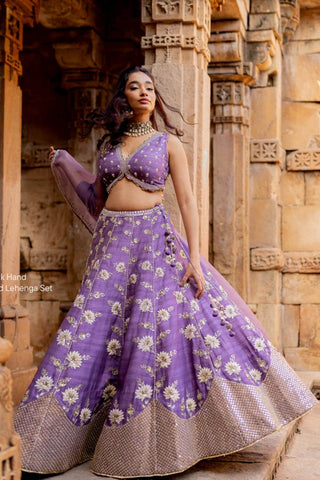 Featuring a lavender hand embroidered lehenga in silk base with chiffon floral patchwork, dori and resham embroidery with sequins and pearls. It is paired with a matching hand embroidered lavender sleeveless blouse in silk with deep V-neckline. It comes with a lavender embroidered organza dupatta.