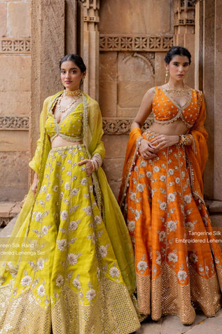 light green and Tangerine Silk Wedding Bridal Lehenga best for haldi or mahendi ocassion designed by Ivory by Dipika.