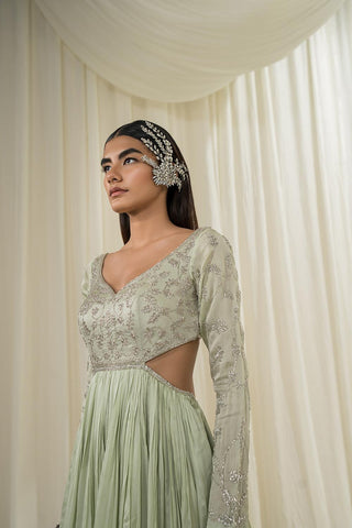 Close up look of the light mint anarkali dress with cut on the side to back that gives an extra elegance.