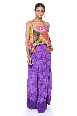 Multi Color Royal Paisley Pattern Top With Hand Embroidery, Paired With Violet Self Print Pleated Palazzo.