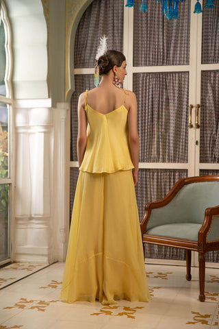 Pale yellow aline top palazzo look from the back