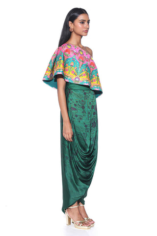 Boho chic Pink and teal One-Shoulder colorful printed Top with Green Printed Drape Skirt, designed for effortless elegance. Indo-western fusion wear for cocktail parties, festive, lounge, Resort wear for women.