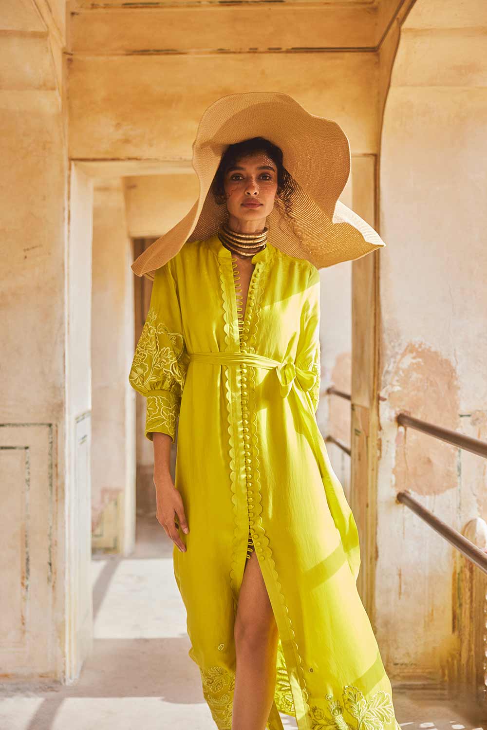 Lime Yellow Cutwork Long Sleeves Maxi with Belt