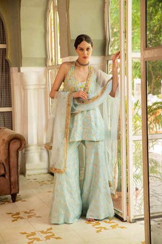 Embrace a fusion of elegance and whimsy with this captivating Powder Blue Zari Halter Kurta with Colorful Floral Embroidery, Hipster Sharara, and Organza Dupatta Set.This unique ensemble perfect for making a statement at any festive occasion or special event.