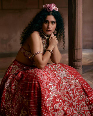 Close up look of lehenga in red