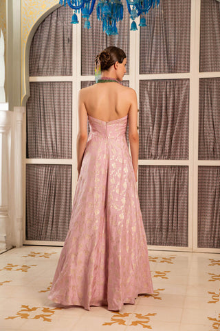 The look from the back of the onion pink zari tube anarakali dress