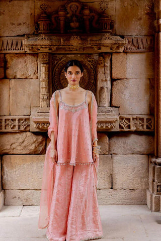 Featuring a rose pink flared top, hand embroidered with resham, dori, sequins and pearls in zari tissue base. It has a fit n flare look with noodle straps at the shoulder. Sleeves can be added on request. It comes with a matching sequins embroidered sharara in zari tissue base and a rose pink silk organza dupatta with lace edgings.