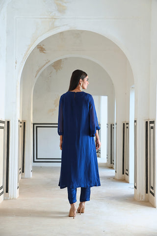 The look from back of Royal blue floral butti embroidered kurta with pants