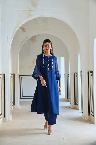 Royal blue floral butti embroidered kurta with pants