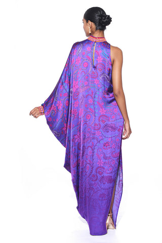 Back look of the purple one shoulder dress, crafted for elegance and charm.