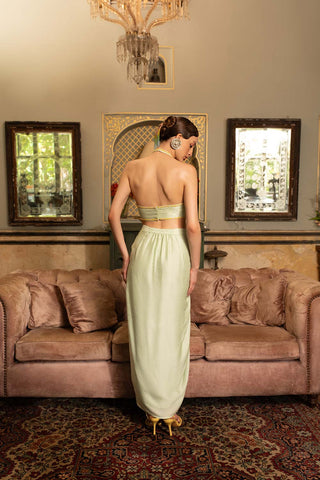 Key Hole Crop- Top with Golden Leaf Jaal and Ruffle Pencil Skirt look from the back