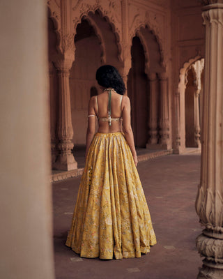 The look from back to showcase blouse and A lime yellow chintz printed lehenga in an intricate aari and zardozi embroidery.