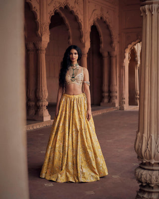 A lime yellow signature chintz printed lehenga set, hand embroidered in intricate aari and zardozi embroidery that brings the print alive. It is paired with a hand-embroidered scallop dupatta.