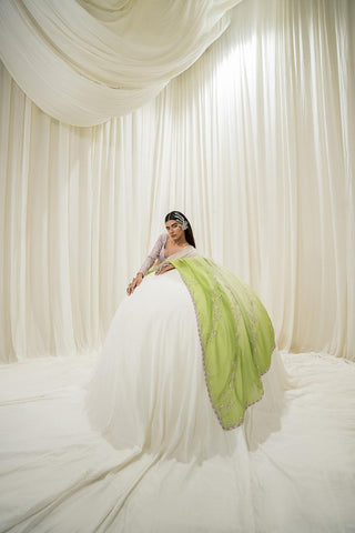 Ease off white parrot green ombre saree with lavender blouse. A perfect wear for Diwali or wedding ceremonies.