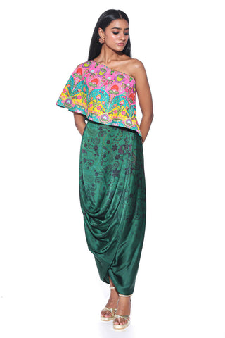 Chic and graceful Pink and teal One-Shoulder colorful printed Top with Green Printed Drape Skirt, designed for effortless elegance. Designer women attire for modern contemporary wear. Designe by Siddharth Bansal.