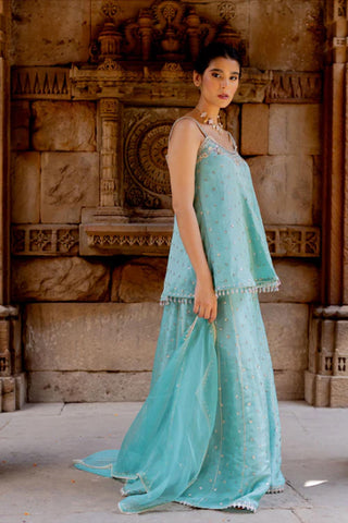 Featuring a sky blue flared top, hand embroidered with resham, dori, sequins and pearls in zari tissue base. It has a fit n flare look with noodle straps at the shoulder. Sleeves can be added on request. It comes with a matching sequins embroidered sharara in zari tissue base and a rose pink silk organza dupatta with lace edgings.