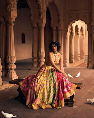 Model is posing to give the look of Indian designer lehenga dresses. A wedding ceremony attire 