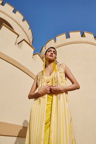 Yellow striped printed jacket with pre-drapped skirt a Gen Z women modern outfit